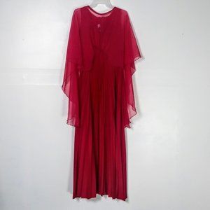 Vintage Womens Maxi Dress 14 Chiffon Pleated Long Red Beaded Capelet